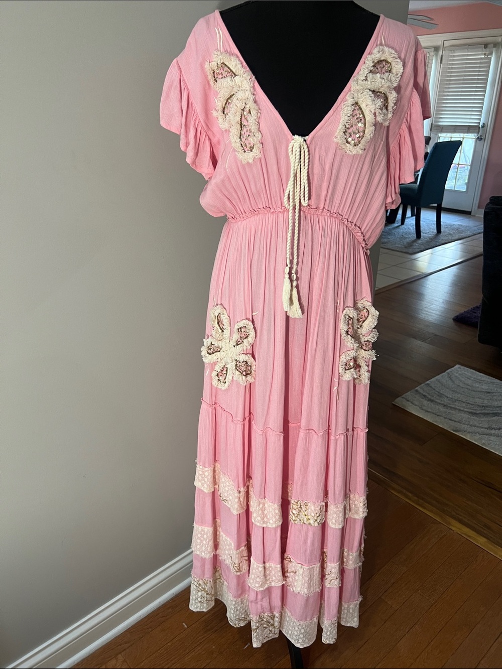 POL Pink Tassel-Front Boho Maxi Dress